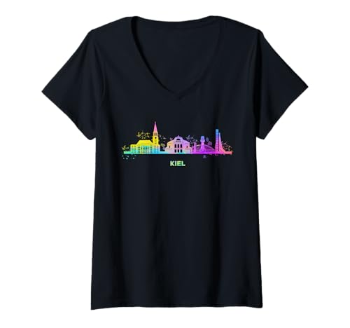 Damen Kieler Skyline Bunt Stadtbild Kiel T-Shirt mit V-Ausschnitt Damen Kieler Skyline Bunt Stadtbild Kiel T-Shirt mit V-Ausschnitt von Wasserfarben City Art Skyline Designs