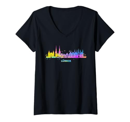 Damen Lübecker Skyline Bunt Stadtbild Lübeck T-Shirt mit V-Ausschnitt Damen Lübecker Skyline Bunt Stadtbild Lübeck T-Shirt mit V-Ausschnitt von Wasserfarben City Art Skyline Designs