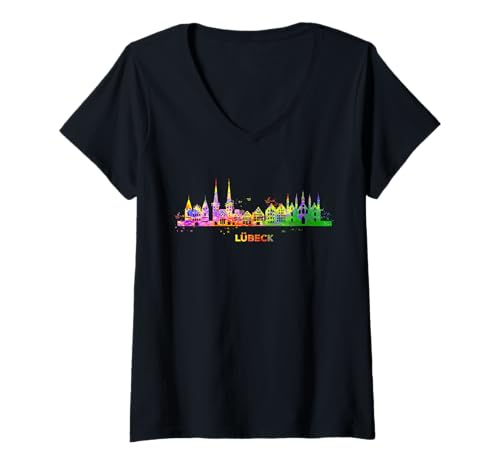 Damen Lübecker Skyline buntes Stadtbild Lübeck T-Shirt mit V-Ausschnitt Damen Lübecker Skyline buntes Stadtbild Lübeck T-Shirt mit V-Ausschnitt von Wasserfarben City Art Skyline Designs