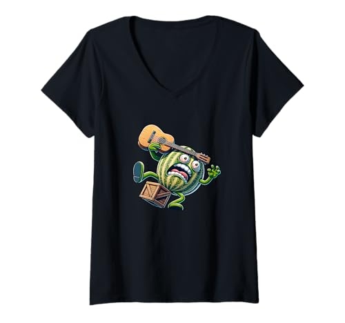 Damen Lustige Wassermelone Mit Gitarre Rockt Sommer Festival T-Shirt mit V-Ausschnitt Damen Lustige Wassermelone Mit Gitarre Rockt Sommer Festival T-Shirt mit V-Ausschnitt von Wassermelone Cartoon Musik Gitarre Sommer Rock