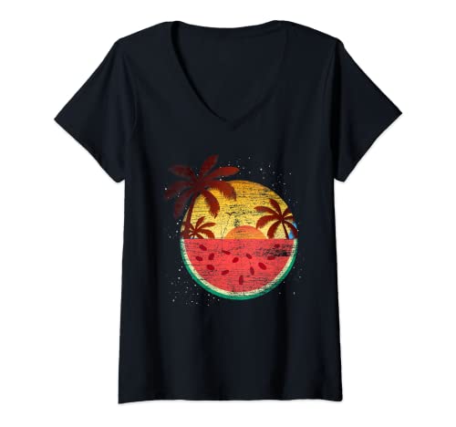 Damen Tropischer Sonnenuntergang Palmen Exotische Wassermelone T-Shirt mit V-Ausschnitt Damen Tropischer Sonnenuntergang Palmen Exotische Wassermelone T-Shirt mit V-Ausschnitt von Wassermelone Geschenk