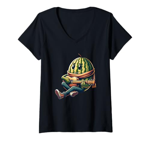 Damen Wassermelone Spielt Gitarre Lustiger Musik Cartoon T-Shirt mit V-Ausschnitt Damen Wassermelone Spielt Gitarre Lustiger Musik Cartoon T-Shirt mit V-Ausschnitt von Wassermelone Gitarre Musik Lustig Cartoon