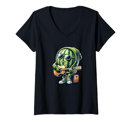 Damen Coole Wassermelone Mit Gitarre Sonnenbrille Musik Sommer T-Shirt mit V-Ausschnitt Damen Coole Wassermelone Mit Gitarre Sonnenbrille Musik Sommer T-Shirt mit V-Ausschnitt von Wassermelone Gitarre Musik Sommer Cartoon Cool