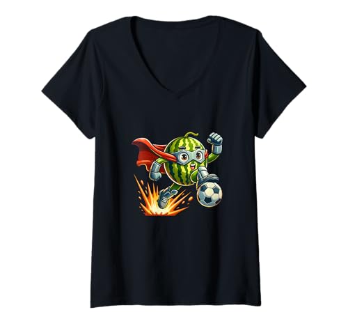 Damen Fußball Wassermelone Superheld Cartoon Kicker Spaß T-Shirt mit V-Ausschnitt Damen Fußball Wassermelone Superheld Cartoon Kicker Spaß T-Shirt mit V-Ausschnitt von Wassermelone Superheld Fußball Cartoon Lustig