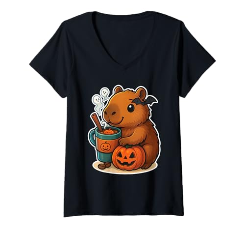 Damen Capybara Pumpkin Spice Latte und Kürbislaterne Halloween T-Shirt mit V-Ausschnitt Damen Capybara Pumpkin Spice Latte und Kürbislaterne Halloween T-Shirt mit V-Ausschnitt von Wasserschwein Kaffee Geist Kürbis Kawaii Herbst