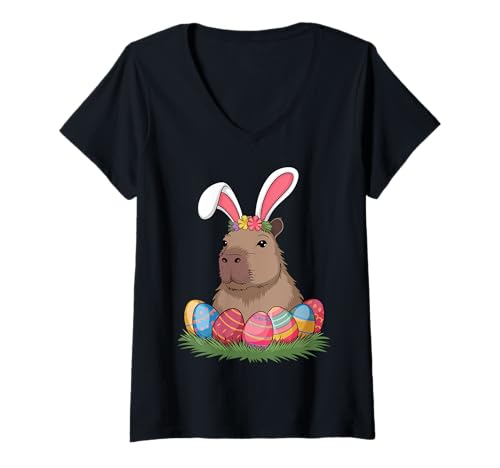 Damen Ostern Wasserschwein T-Shirt mit V-Ausschnitt von Wasserschwein Niedlich Ostereier