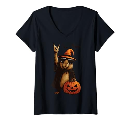 Damen Wasserschwein Halloween Nagetier T-Shirt mit V-Ausschnitt Damen Wasserschwein Halloween Nagetier T-Shirt mit V-Ausschnitt von Wasserschwein halloween Gruseliges Capybara