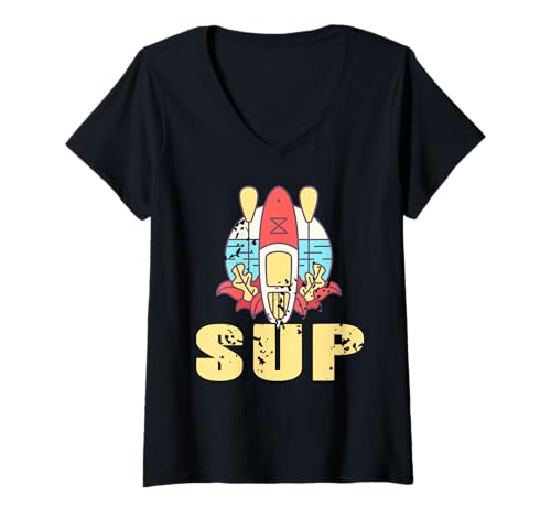 Damen Stand Up Paddleboard Abenteuer Retro Sommerstimmung T-Shirt mit V-Ausschnitt Damen Stand Up Paddleboard Abenteuer Retro Sommerstimmung T-Shirt mit V-Ausschnitt von Wassersport Outdoor Freizeit Fans