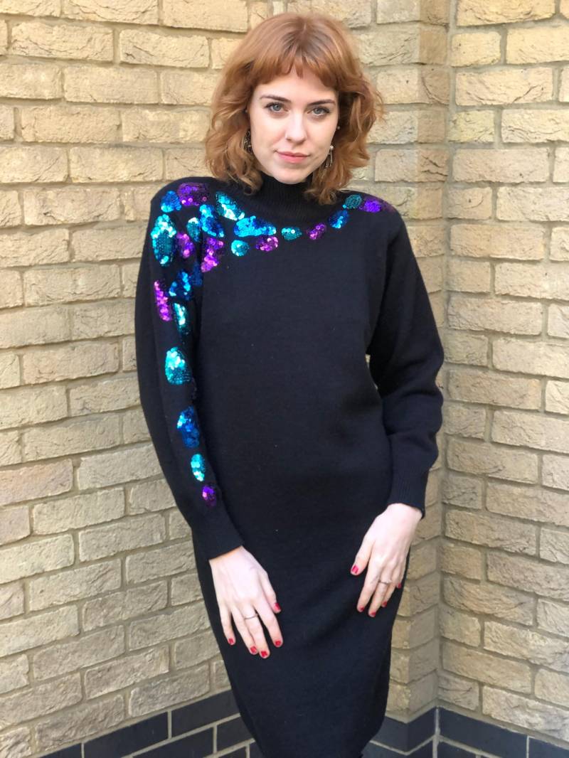 80Er Jahre Pailletten Strickpullover Pullover Kleid Mit Schulterpolster Retro Funky Oversized von WastedChic