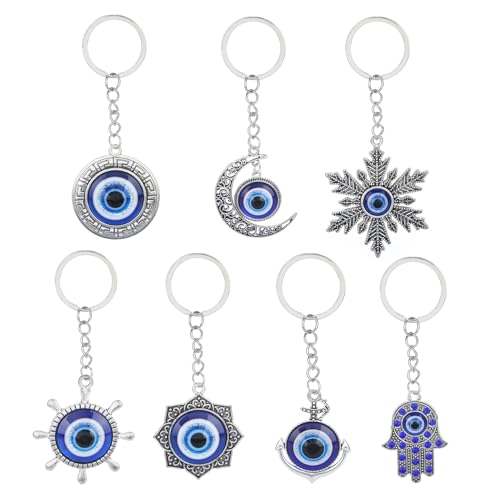 WatDenyFine 7 Stück Evil Eye Schlüsselanhänger Blaue, Augen Schlüssel Anhänger, Nazar Boncuk Lucky Charms Mond Anhänger Schlüssel Glücksbringer Schlüsselanhänger Schneeflocke Glücksgeschenk Geschenke von WatDenyFine