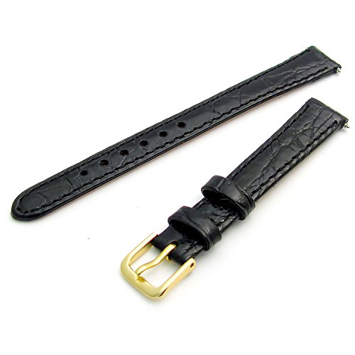 Uhrenarmband aus echtem Leder, flach, Krokodil-Maserung, 14 mm, Schwarz mit vergoldeter (goldfarbener) Schnalle von WatchWatchWatch