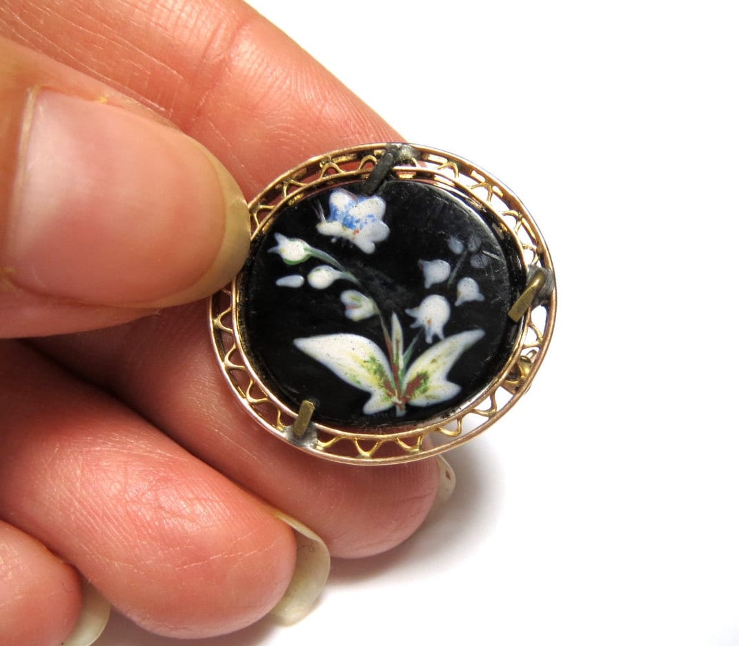 10K Gelb Gold Schwarz Emaille Brosche Pin - Gewicht 2, 7 Gramm Runde Florale Schwarze Geschenke Für Ihre Mutter Oma # 2176 von WatchandWares
