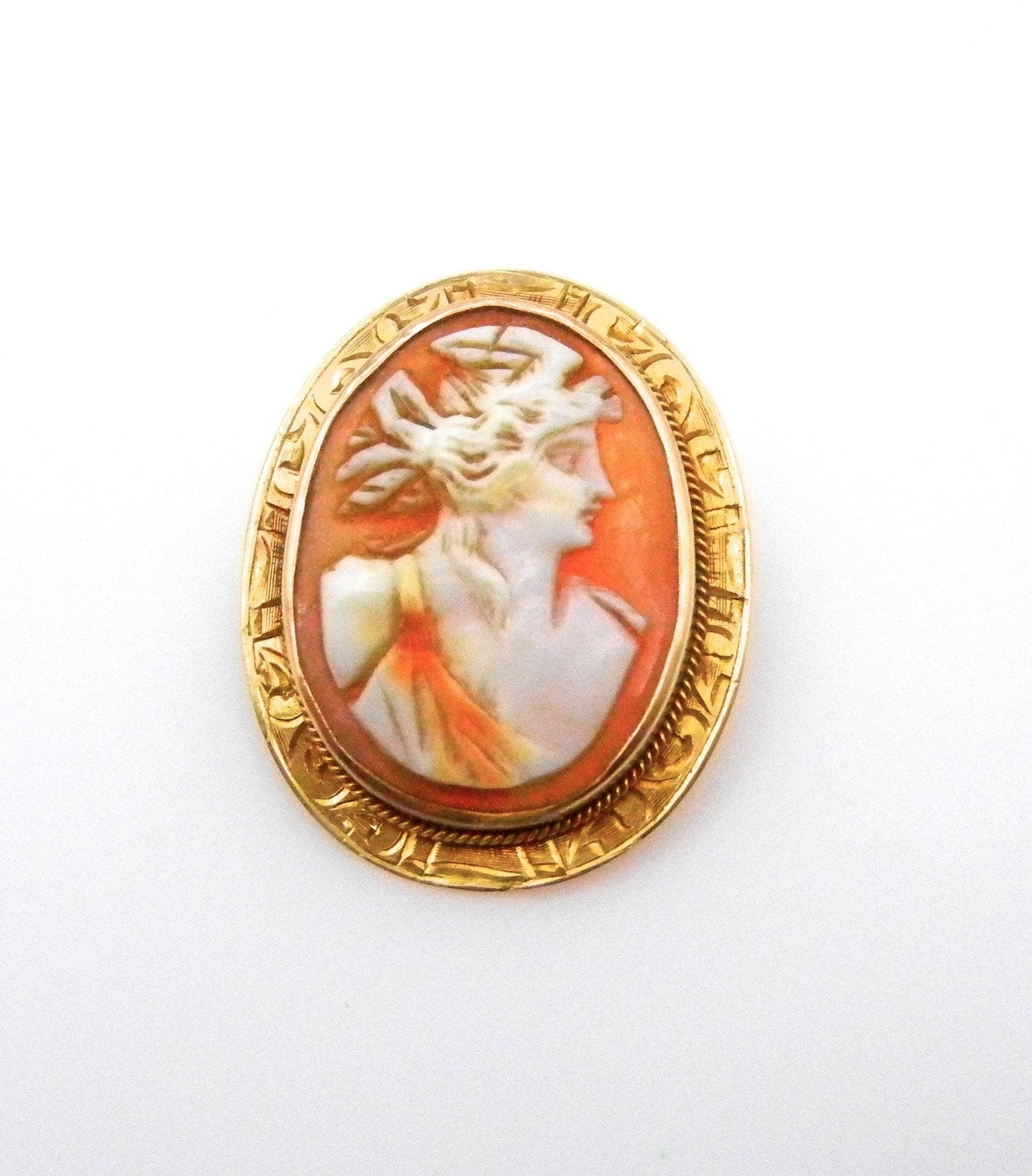 10K Yellow Gold Cameo Brosche-Cameo Shell-Portrait-Oval Pin-Gewichts-3, 5 Grams-Carved Shell Woman Silhouette-Portrait # 1992 von WatchandWares