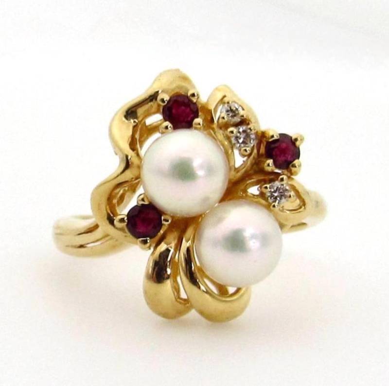 14K Gelbgold Akoya Zuchtperle, Rubin Und Diamant Ring - Größe 8.25 Gewicht 4.7 Gramm Cocktail Geschenke Für Ihre Mutter #1395 von WatchandWares