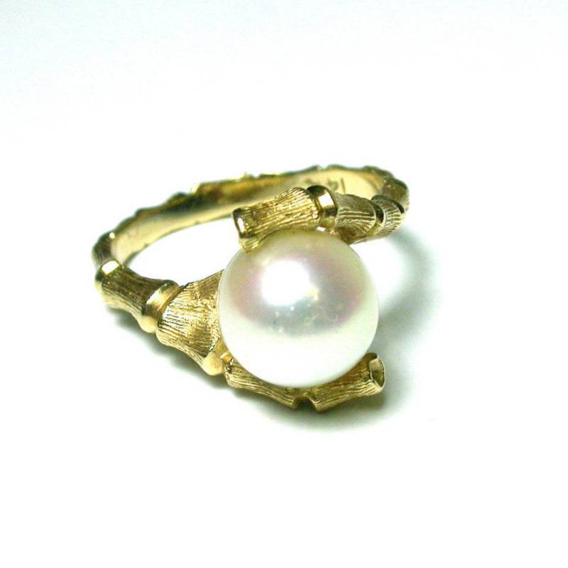 14K Gelbgold Salzwasser Akoya Zuchtperle Ring - 8 Mm Perle Bypass Bambus Design Größe 5 3/4 Geschenke Für Ihre Mutter Ästhetik #947 von WatchandWares