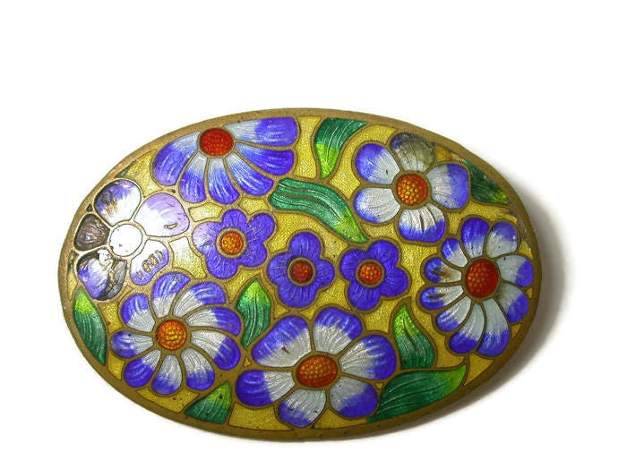 Floral Print Ovale Emaille-Brosche - Tschechisch Hergestellt in Tschechoslowakei Blau Grün Weiß Gelb Orange Emaille Blumen Brosche # 124 von WatchandWares