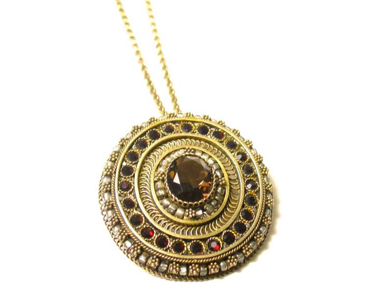 Große Vermeil Rauchquarz Und Rote Strass Anhänger Brosche Halskette - Made in Israel 31 Gramm Gold Über Sterling Silber # 1041 von WatchandWares