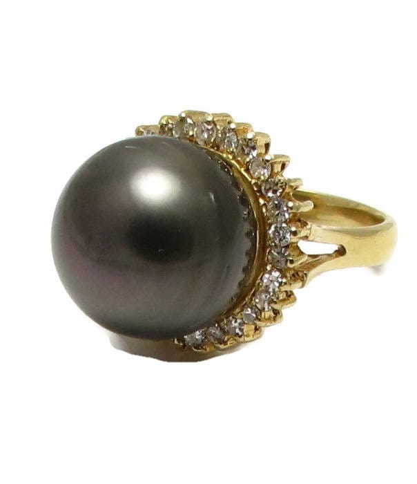 Großer 18K Gelbgold Schwarzer Zuchtperlen Und Diamanten Ring - Größe 7 Gewicht 12.4 Gramm Halbbarock Perle #4008 von WatchandWares