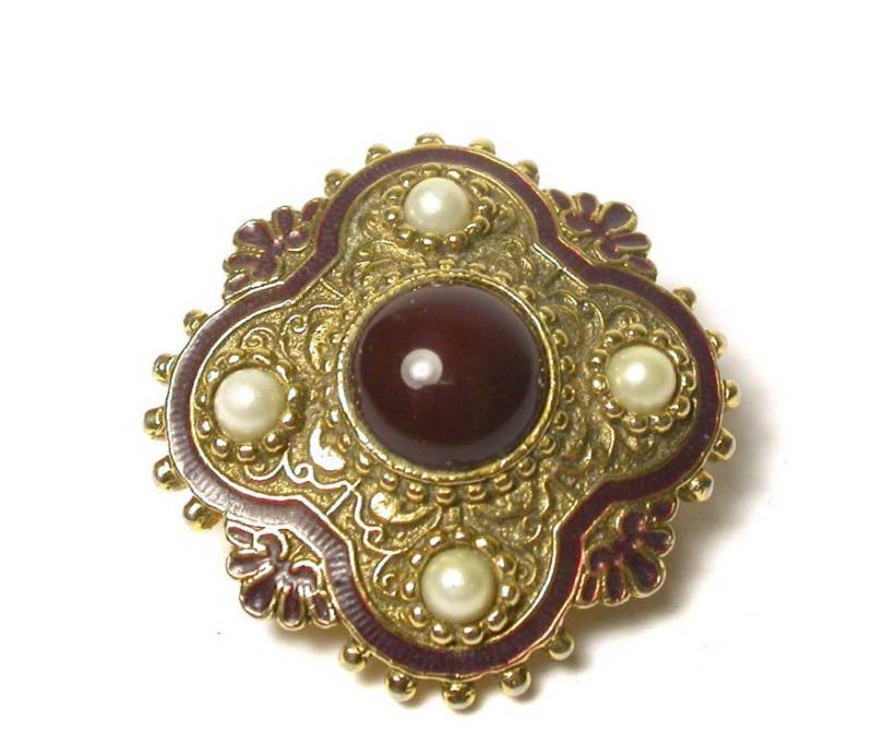 Vintage Brosche - Goldfarbener Karneol Und Salzwasserperlen Pin Graviert # 1414 von WatchandWares