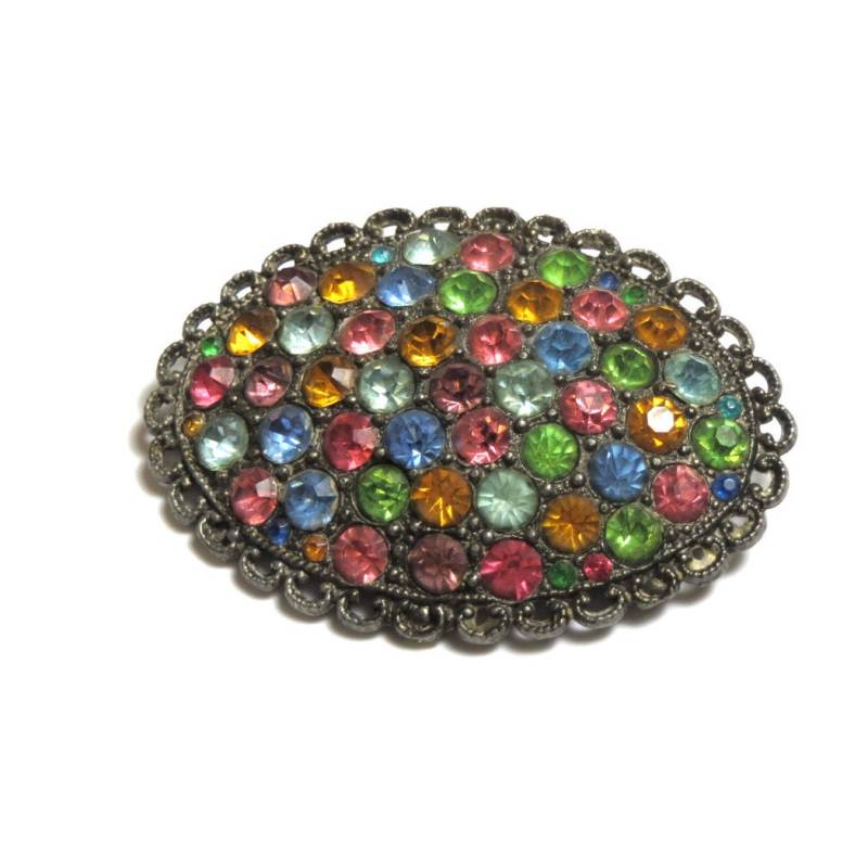 Vintage Bunten Modeschmuck - Silber Ton Oval Bunt Strass Brosche Reduziert # 2177 Vintage Bunten Modeschmuck - Silber Ton Oval Bunt Strass Brosche Reduziert # 2177 von WatchandWares