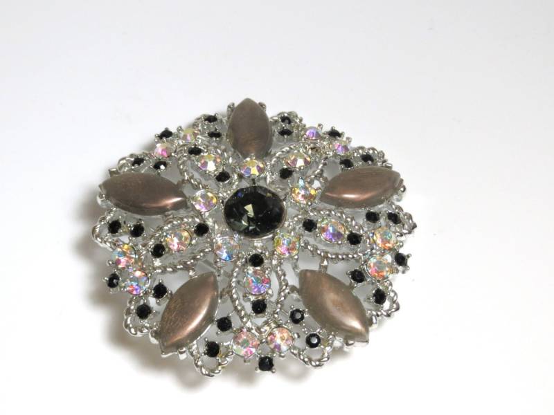 Vintage Emmons Strass Brosche Runde - Große Pin Champagner, Schwarze Und Klare Strasssteine Designer Schmuck #2189 von WatchandWares