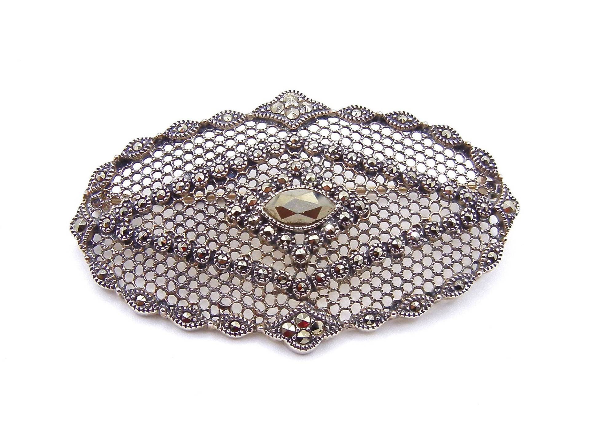 sterling Silber Markasit Brosche - Filigrane Oval Große Pin Gestempelt Jubiläum Hochzeit Vintage Braut # 4549 von WatchandWares