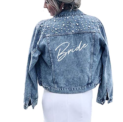 Pearl Bride Jeansjacke, personalisierbar, für Junggesellinnenabschied, Geschenk, Blau, L von Watchify