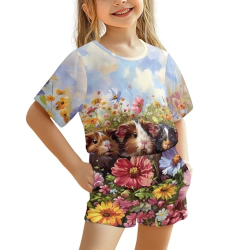 Watdotory Mädchen Jungen Kurzarm Pyjama Set Zweiteilige Sommer Nachtwäsche Tops & Hosen, Farbenfroher Meerschweinchen-Druck, 9-10 Years von Watdotory