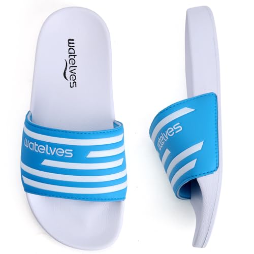 WateLves Badelatschen Kinder Sommer Hausschuhe Badeschlappen Jungen Mädchen Rutschfeste Dusch Badeschuhe Strand Sandalen(Gestreift Weiß 32/33EU) von WateLves