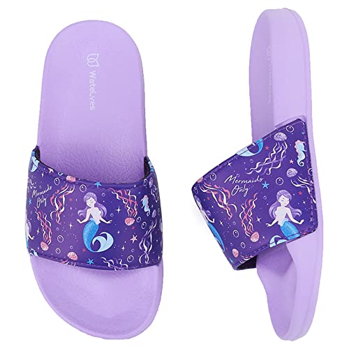 WateLves Badelatschen Kinder Sommer Hausschuhe Badeschlappen Jungen Mädchen Rutschfeste Dusch Badeschuhe Strand Sandalen(Lila Meerjungfrau 28/29EU) von WateLves