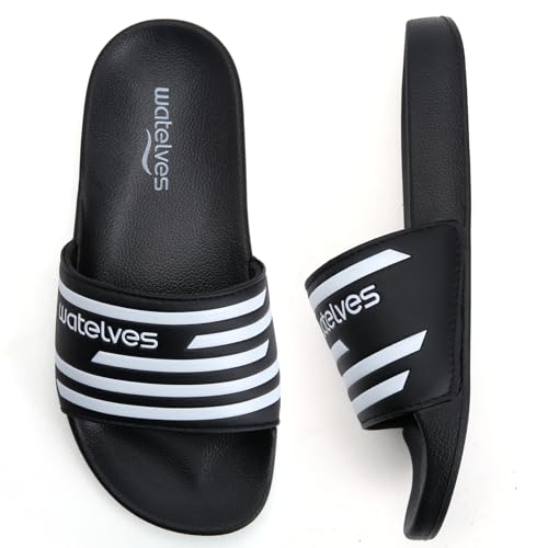 Badelatschen Kinder Sommer Hausschuhe Badeschlappen Jungen Mädchen rutschfeste Dusch Badeschuhe Strand Sandalen(Schwarz gestreift 30/31EU) von WateLves