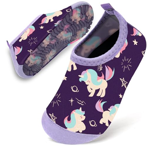 Badeschuhe Baby Kinder Wasserschuhe Schwimmschuhe Mädchen Strandschuhe Badesoken Kleinkind Aquaschuhe Barfuss Schuhe(Lila Einhorn,18/19) von WateLves