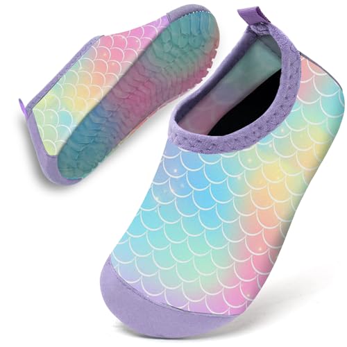 Badeschuhe Baby Kinder Wasserschuhe Schwimmschuhe Mädchen Strandschuhe Badesoken Kleinkind Aquaschuhe Barfuss Schuhe(Regenbogen Meerjungfrau,26/27) von WateLves