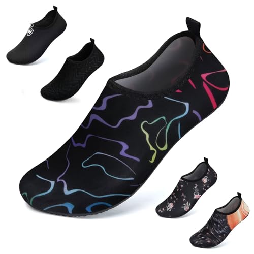 WateLves Badeschuhe Herren Damen Wasserschuhe Strandschuhe Schwimmschuhe Aquaschuhe Schnell Trocknend Barfußschuhe Breathable Surfschuhe Unisex Beach Pool Yoga(Farblinien schwarz 36/37) von WateLves