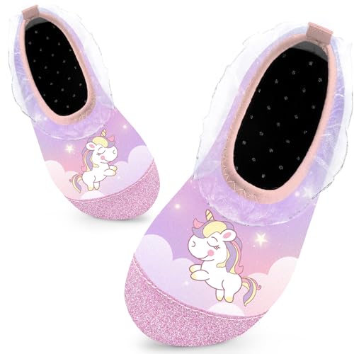 Badeschuhe Kinder Schwimmschuhe Wasserschuhe Schnell Trocknend Strandschuhe Aquaschuhe für Mädchen Baby Beach Pool(Einhorn Pink,26/27 EU) von WateLves