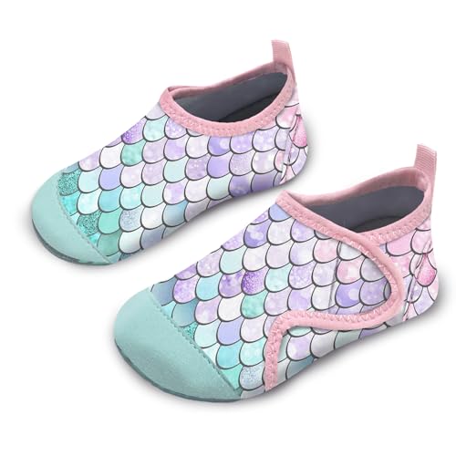 Badeschuhe Kinder Strandschuhe Schwimmschuhe Mädchen Baby Wasserschuhe Schnell Badesoken Aquaschuhe Trocknend Barfuss Schuhe（Fischschuppen Lila Grün 28/29） von WateLves