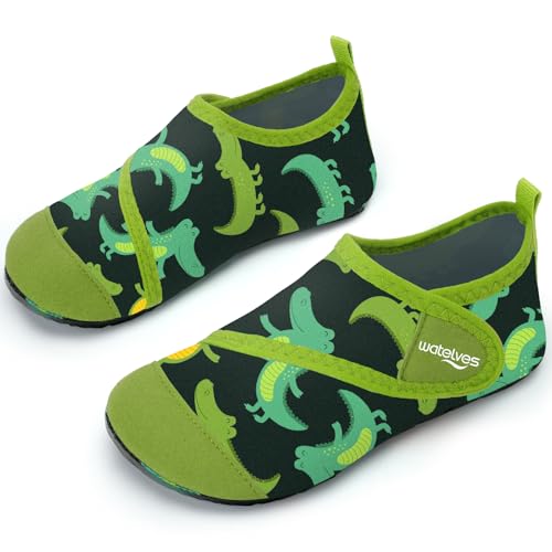Badeschuhe Strandschuhe Schwimmschuhe Wasserschuhe Junge Baby Aquaschuhe Schnell Trocknend Barfuss Schuh für Kinder Beach Pool（Dinosaurier DunkelGrün 30/31） von WateLves
