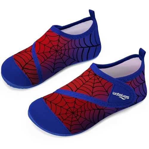 Badeschuhe Strandschuhe Schwimmschuhe Wasserschuhe Junge Baby Aquaschuhe Schnell Trocknend Barfuss Schuh für Kinder Beach Pool（Klettverschluss Spinnennetz rot30/31） von WateLves