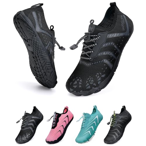 WateLves Unisex Barfußschuhe Damen Herren Wasserschuhe Badeschuhe Schnell Trocknend Weich Traillaufschuhe Fitnessschuhe mit rutschfest Sohle & Breiter Zehenbox(Eiskorn schwarz 43) von WateLves