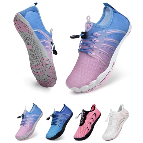 WateLves Unisex Barfußschuhe Damen Herren Wasserschuhe Badeschuhe Schnell Trocknend Weich Traillaufschuhe Fitnessschuhe mit rutschfest Sohle & Breiter Zehenbox(Farbverlauf Blau Lila 40) von WateLves