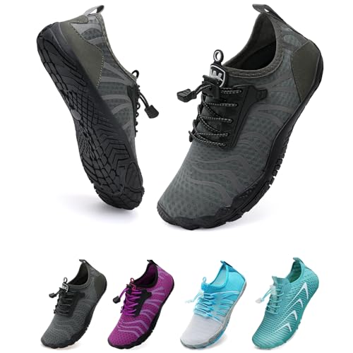 WateLves Unisex Barfußschuhe Damen Herren Wasserschuhe Badeschuhe Schnell Trocknend Weich Traillaufschuhe Fitnessschuhe mit rutschfest Sohle & Breiter Zehenbox(Grau 41) von WateLves