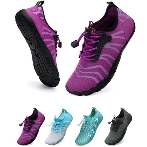 WateLves Unisex Barfußschuhe Damen Herren Wasserschuhe Badeschuhe Schnell Trocknend Weich Traillaufschuhe Fitnessschuhe mit rutschfest Sohle & Breiter Zehenbox(Lila 41) von WateLves