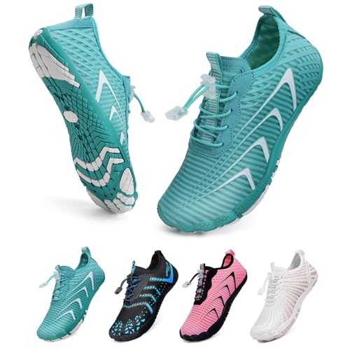 WateLves Unisex Barfußschuhe Damen Herren Wasserschuhe Badeschuhe Schnell Trocknend Weich Traillaufschuhe Fitnessschuhe mit rutschfest Sohle & Breiter Zehenbox(Mondgrün 38) von WateLves