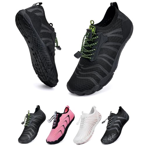 WateLves Unisex Barfußschuhe Damen Herren Wasserschuhe Badeschuhe Schnell Trocknend Weich Traillaufschuhe Fitnessschuhe mit rutschfest Sohle & Breiter Zehenbox(Schneeflocke schwarz 42) von WateLves