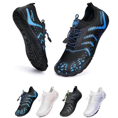 WateLves Unisex Barfußschuhe Damen Herren Wasserschuhe Badeschuhe Schnell Trocknend Weich Traillaufschuhe Fitnessschuhe mit rutschfest Sohle & Breiter Zehenbox(Schwarz Blau 41) von WateLves