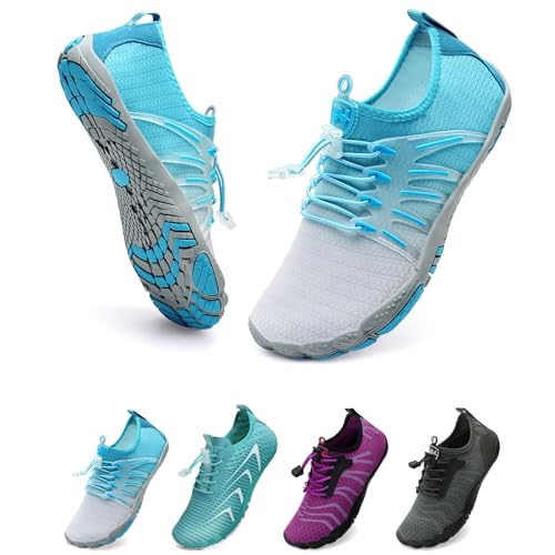 WateLves Unisex Barfußschuhe Damen Herren Wasserschuhe Badeschuhe Schnell Trocknend Weich Traillaufschuhe Fitnessschuhe mit rutschfest Sohle & Breiter Zehenbox(Weiß Blau 40) von WateLves