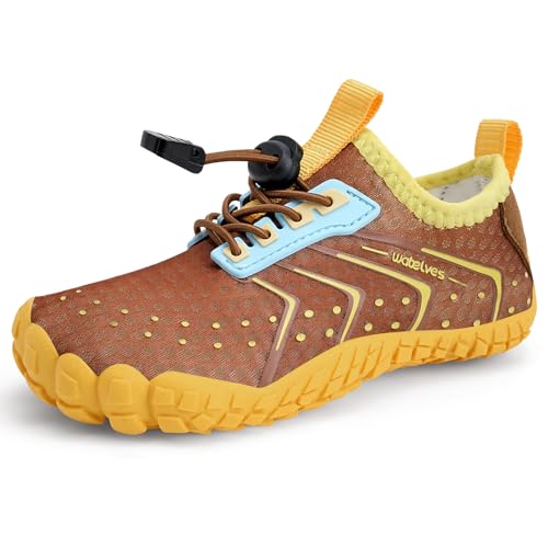 Barfußschuhe Wasserschuhe Kinder Jungen Mädchen Kinder Aqua Schwimmen Nass Riff Schuhe für Strand Pool Wasser Sport Non-Slip Schnell Trocknen（Braun-Gelb 25 von WateLves