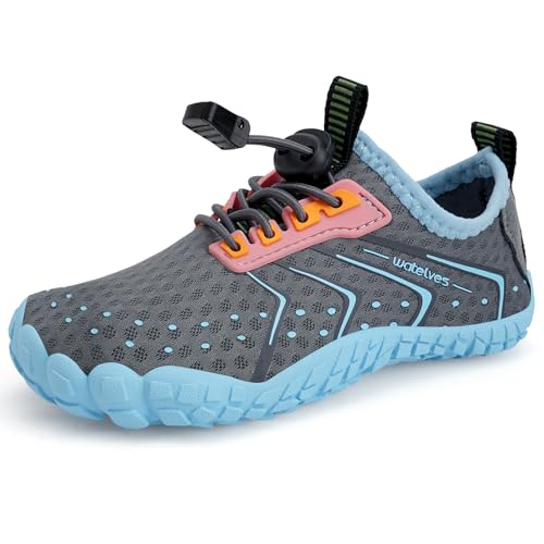 Barfußschuhe Wasserschuhe Kinder Jungen Mädchen Kinder Aqua Schwimmen Nass Riff Schuhe für Strand Pool Wasser Sport Non-Slip Schnell Trocknen（Grau-Blau 29） von WateLves