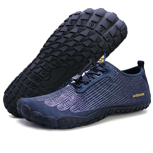 Damen Herren Barfußschuhe Wasserschuhe Aquaschuhe Badeschuhe Fitnessschuhe rutschfest Sohle Breiter Zehenbox(661 Dunkelblau,39EU von WateLves