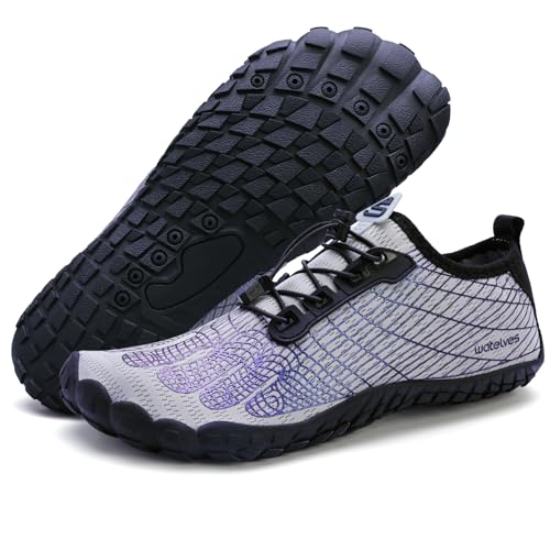 Damen Herren Barfußschuhe Wasserschuhe Aquaschuhe Badeschuhe Fitnessschuhe rutschfest Sohle Breiter Zehenbox(661 Grau,45EU von WateLves